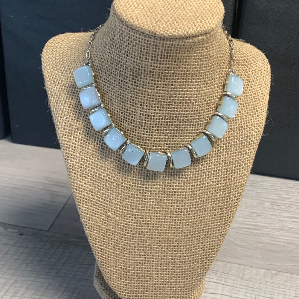 Vintage Silver Tone Square Light Blue Milky Cabochon Collar Necklace 16 Inch